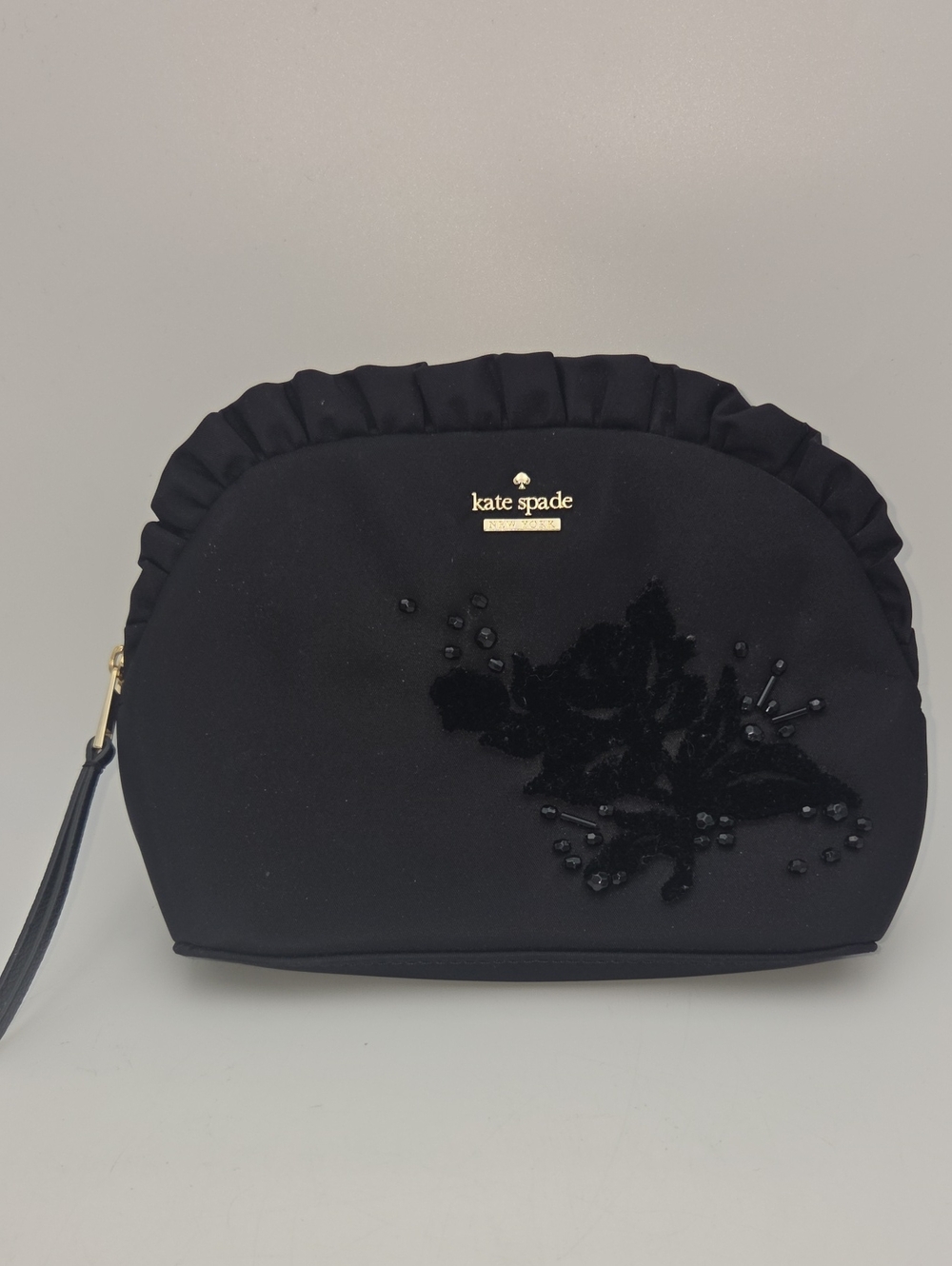 Kate Spade New York Mini Bag Marcy Dawn Place Black Velvet Ruffle Top Zip Clutch